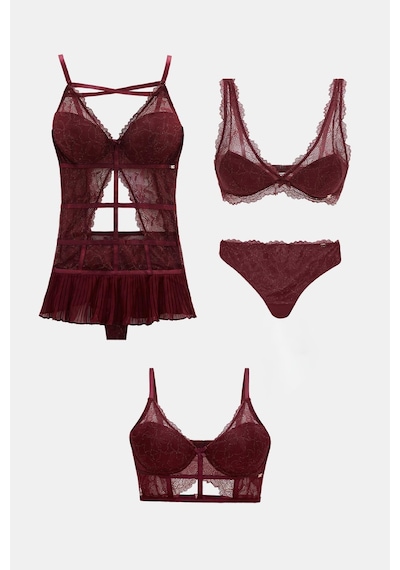 Amarelle Roma Bordo 4'lü Dantelli Sütyen, Babydoll, Külot Çeyiz Seti Bordo