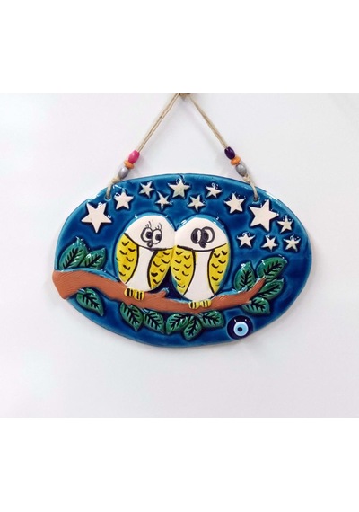 Seramik Aşık Baykuşlar Nazarlık Dekor Ve Duvar Süsü 33X23 Cm