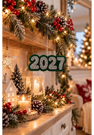 12'li Taşlı Keçe Yılbaşı Ağacı Süs Seti 2027 Yeni Yıl Dekoru Yeşil