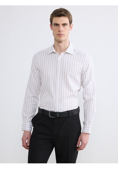 Lcw Busıness Bej Slim Fit Uzun Kollu Çizgili Armürlü Erkek Gömlek