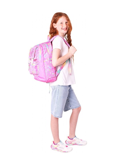Kaukko Kids Kız Çocuk Armalı Yazı Desenli İlkokul Okul Sırt Çantası Dört Bölmeli - Pembe - L5237 Pembe