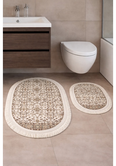 Kaymaz Tabanlı 2 Li Banyo Paspas Seti Yıkanabilir, Su Emici, Toz & Leke Tutmaz Oval Klozet Takımı Kahverengi-gri