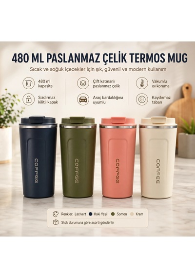 Paslanmaz Çelik Termos Mug Bardak-480 Ml Çok Renkli