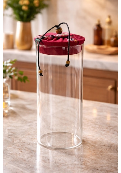 Makri Home 1000 Ml Borosilikat Cam Hava Geçirmez Kırmızı Kumaş Kaplama Bambu Kapaklı Kavanoz,çap:8 Cm, H:25 Cm Kırmızı