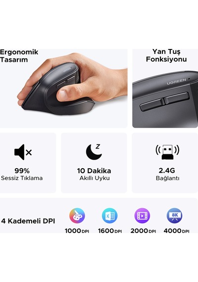 Ugreen Dikey Ergonomik Fare Kablosuz Bt 5.0+2.4g 5 Düğmeli, 1000/1600/2000/4000 Dpı Mouse, Siyah, 55916 -