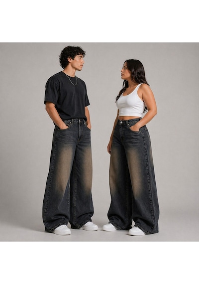 St.poll Eskitme Füme Yıkamalı Unisex Büyük Beden Baggy Jean Pantolon Kahverengi