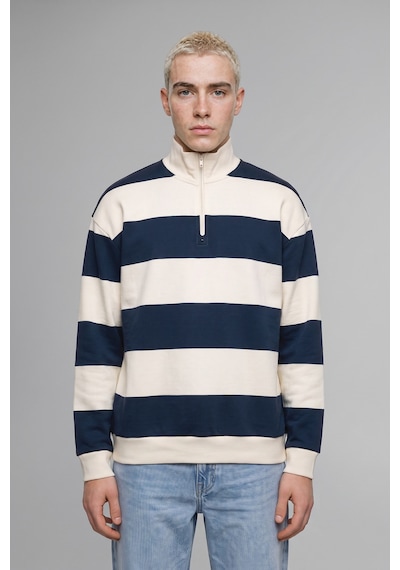 Defacto Boxy Fit Dik Yaka Yarım Fermuarlı Çizgili Sweatshirt C7045ax26aunv94 Lacivert-nv94