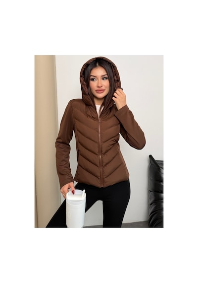 Asur Boutique Asur Butik Kadın Kapşonlu Micro Dolumlu Zr Model Mont Kahverengi