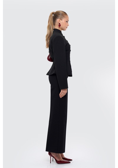 Thalure Kadın Siyah Kruvaze Düğmeli Peplum Blazer