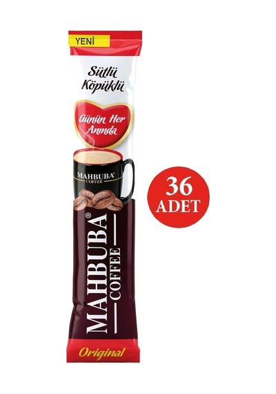 Mahbuba Coffee 3ü1 Aradasütlü Köpüklü Kavanoz Kahve Bardak Hediyeli 36 X 18 Gr + Renkli Kupa Hazır
