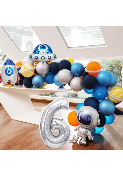 Uzay Temalı Doğum Günü Seti 6 Yaş ; 4 Adet Folyo Balon, 60 Adet Lateks Balon, Banner, Balon Zinciri ve Balon Bandı