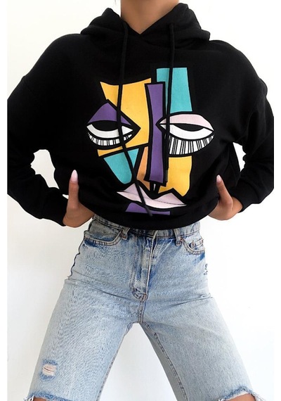 Femelle Kadın Yeni Sezon Karakter Baskılı Kapüşonlu Pamuklu Sweatshirt siyah
