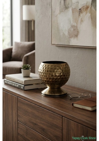 Yapay Çiçek Sitesi Metal Dekoratif Darbeli Küre Saksı 12 Cm Bronz