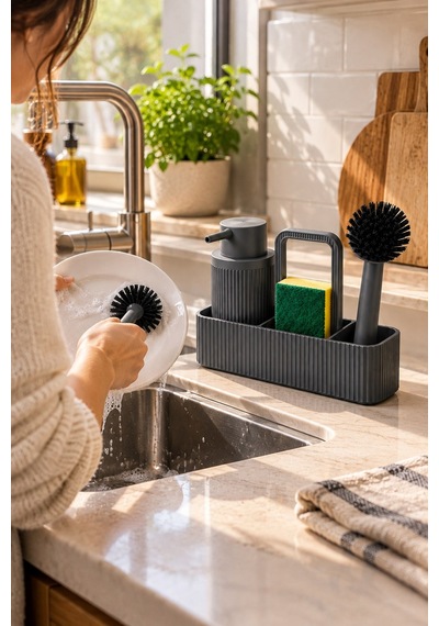 Antrasit Mutfak Lavabo Üstü Organizer Seti 24 Cm Deterjanlık Süngerlik Bulaşık Fırçalık Tezgah Düzenleyici