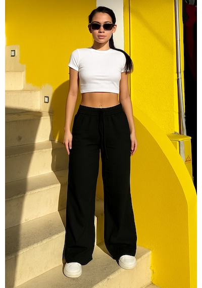 Trendy Mall Sofya Keten Bol Kesim Pantolon Siyah Siyah