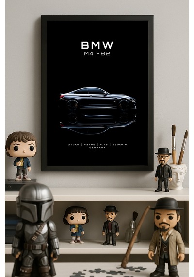 Bmw M4 F82 Siyah Ahşap Çerçeveli Poster, Dekoratif Araba Duvar Tablosu