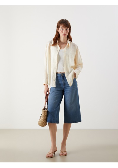 Lcw Vision Bej Dokulu Oversize Kadın Gömlek
