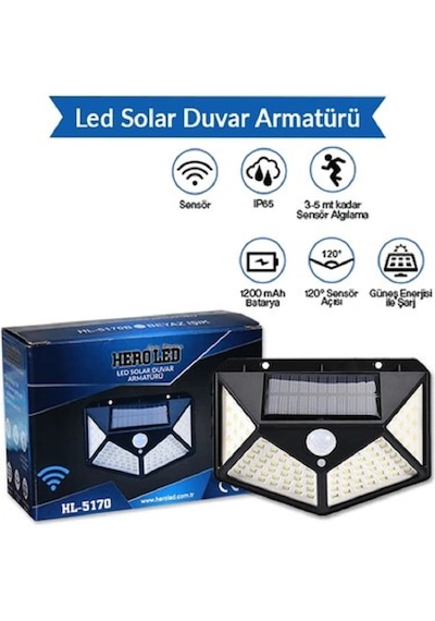 Güneş Enerjili Dış Mekan Solar Duvar Armatürü Beyaz Işık Solar-Beyaz