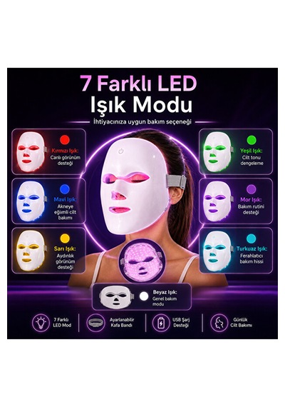 Işıklı Cilt Bakım Maskesi 7 Renk Led Işık Terapisi Yüz Maskesi 400mah Şarjlı Kırışıklık