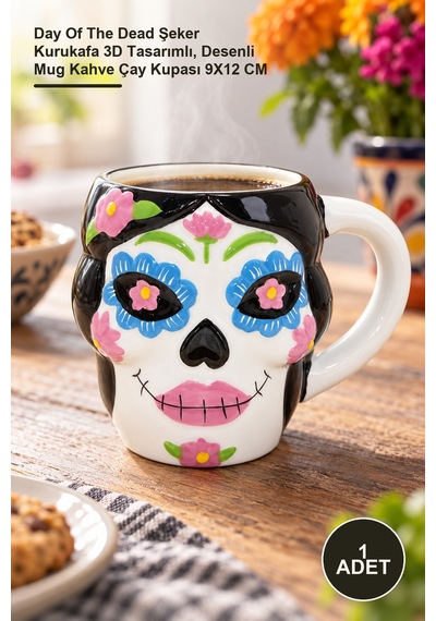 1 Adet Seramik Kupa Bardak Day Of The Dead Şeker Kurukafa 3d Tasarımlı, Desenli Mug Kahve Çay Kupası 9x12 Cm