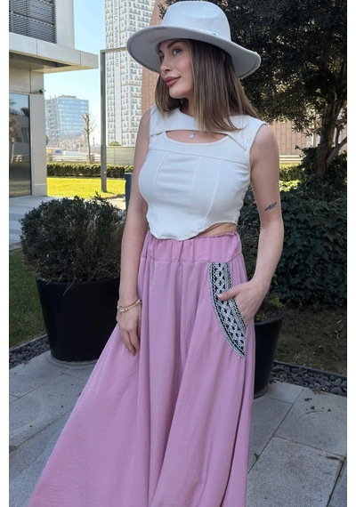 WeShaya Kadın Pudra Beli Lastikli, Cepleri Hasır İşlemeli, Rahat Kesim, Uzun Kiloş Etek Pembe