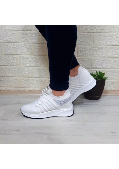 M.p 1669 Beyaz İçten Gizli Topuk 7cm Taşlı Kadın Spor Ayakkabı 001