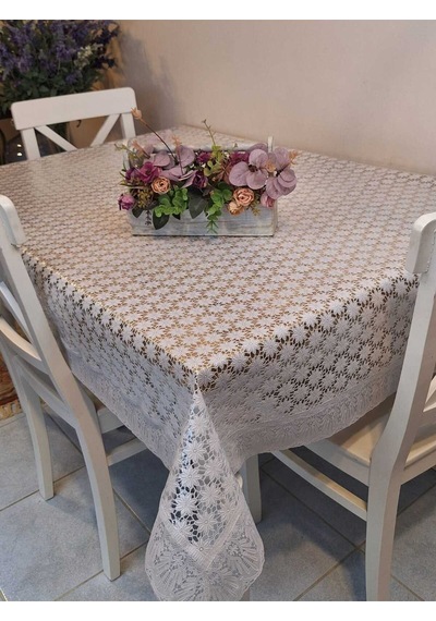 Dantel Kenarlı 120x150 Cm Pvc Muşamba Silinebilir Papatya Desenli Masa Örtüsü Beyaz