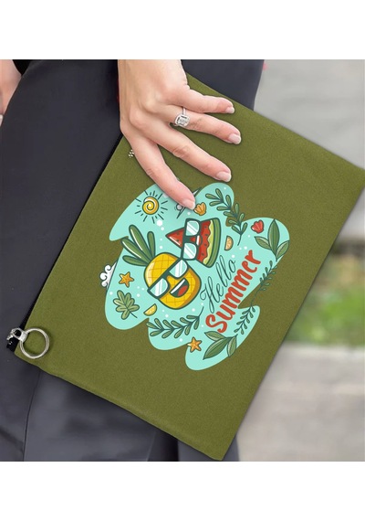 Bk Gift Yaz Temalı Astarlı Yeşil Portföy Çanta 30x21cm, Baskılı El Çantası, Organizer Çanta