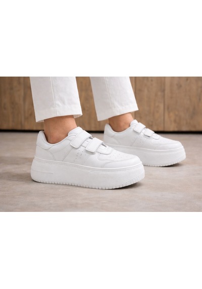 Papucumun Dünyası Aır Kalın Yüksek Taban Cırt Bantlı Kadın Sneaker Beyaz