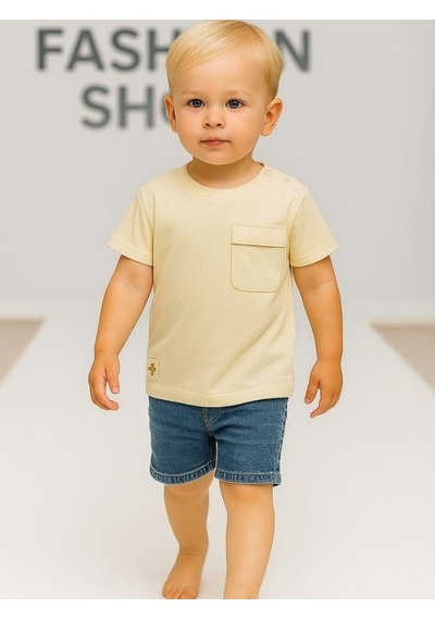 Çikoby Erkek Bebek Basic Cep Detaylı Tshirt-15856 Krem