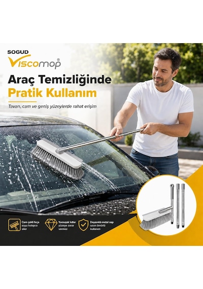 Viscomop Oto Yıkama Fırçası - Cam Çekli Araç Temizlik Seti, 3 Parçalı Metal Sap, Yumuşak Kıllı Çekçek, Arab Diğer