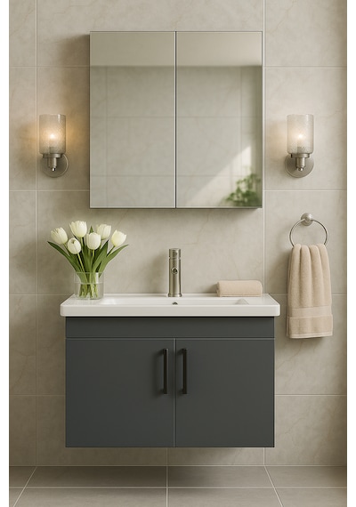 Dmz Home Concept Liventa 65 Cm Antrasit Renkli, Seramik Lavabolu, Antrasit
