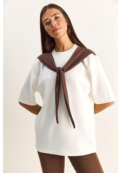 Shade Kadın Şal Detaylı Oversize Basic T-shirt 1094 60286118 - Beyaz-kahve Beyaz - Kahverengi