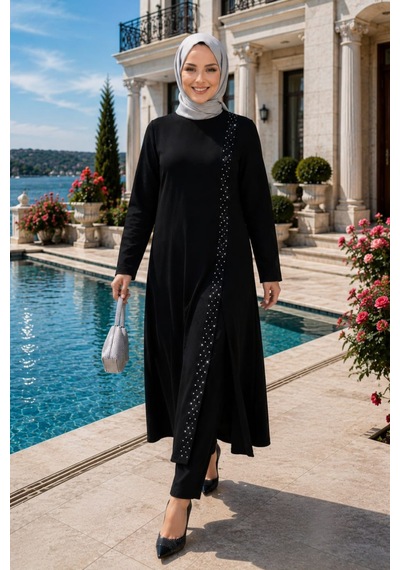 Hb Harma Time Butik Kadın İnci İşlemeli Siyah Tunik-pantolon İkili Takım Siyah Siyah