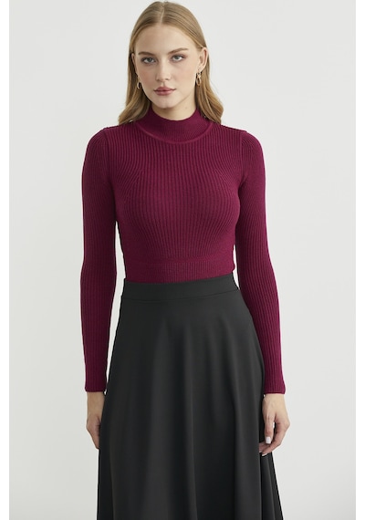 Sementa Yarım Balıkçı Fitilli Bodysuit Triko Kazak - Bordo Bordo