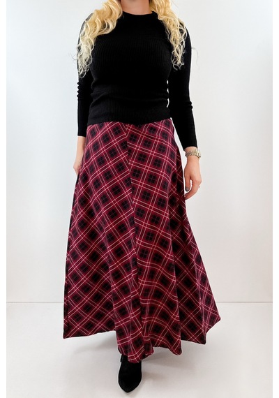 Modaonna Bordo Ekose Maxi Etek