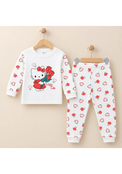 Polifoni Kız Çocuk Kedi Figürlü Pijama Takımı Beyaz