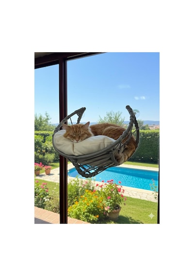 Vantuzlu Cam Önü Kedi Yatağı Gri Örgü Tasarım Minderli Kedi Hamak Seyir Terası