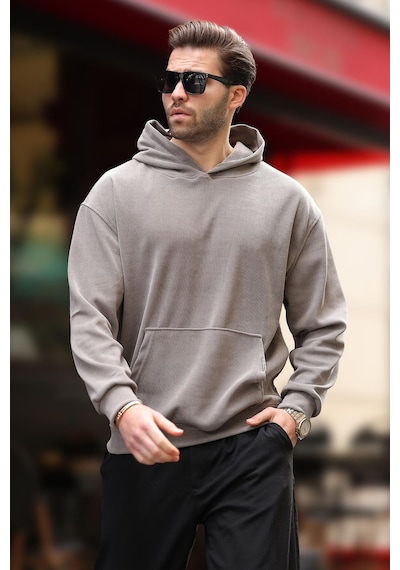 Madmext Gri Kapüşonlu Cep Detaylı Dokulu Sweatshirt E7101 Gri