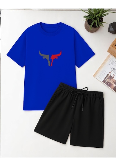 Uyguntarz Unisex Boğa Baskılı Tasarım Şort Takım Mavi