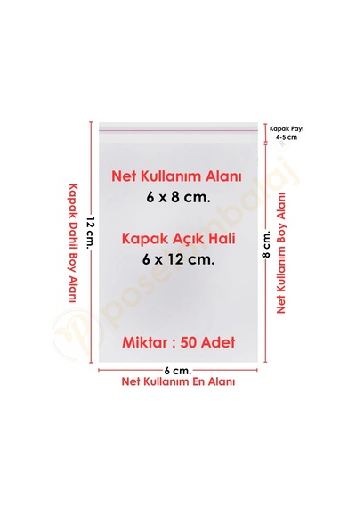 6x8+4 Cm. 6x12 50 Adet Şeffaf Bantlı Yapışkanlı Opp Poşet
