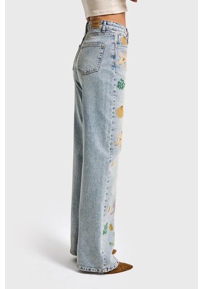 Itsbasic Kadın Kot Rengi 4s6-65 Straight Fit Elastan Kumaş Özel Desen Nakışlı Tasarım Denim Jean Mavi