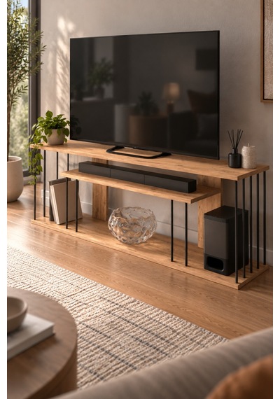 Sulorahome Çam Desenli Kahverengi Tv Ünitesi Ve Raf Sistemi