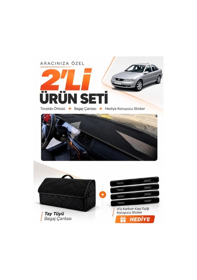 Opel Vectra B 1995-2001 Uyumlu Torpido Örtüsü + Tay Tüyü Bagaj Çantası + Sticker Seti - Siyah