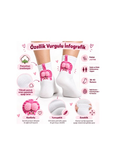 Genel Kadın Beyaz Pembe Kedi Desenli Ponponlu Soket Çorap Sevimli 3d Kedi Figürlü Eğlenc Beyaz / 36-40