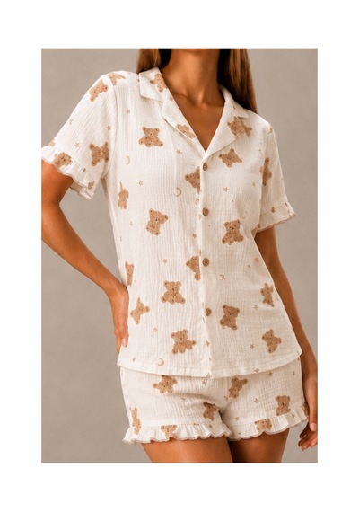 Fit Women Kadın Günlük Düğmeli V Yaka Kar Beyaz Pijama Takımı