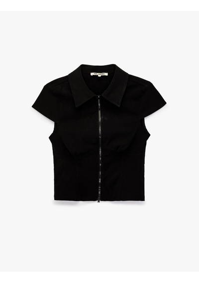 Koton Kısa Kollu Klasik Yaka Fermuarlı Slim Fit Crop Korse Bluz Siyah 7wal60048ıw