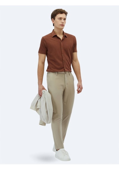 Kip Kahverengi Düz Regular Fit Casual Pamuk Karışımlı Gömlek Kahverengi