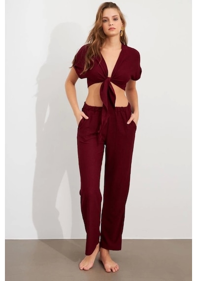 Defymoda Kadın Bürümcük Kumaş Pantolonlu Takım Bordo