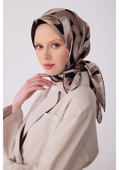 Belli Geometrik Desen İpek Twill Eşarp - 2026 İlkbahar-yaz T 4327 Vizon